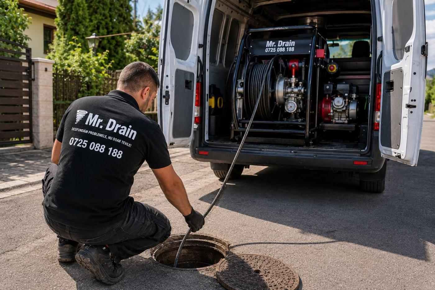 Tehnician Mr. Drain cu autoutilitara utilată intervenind pe un cămin de canalizare