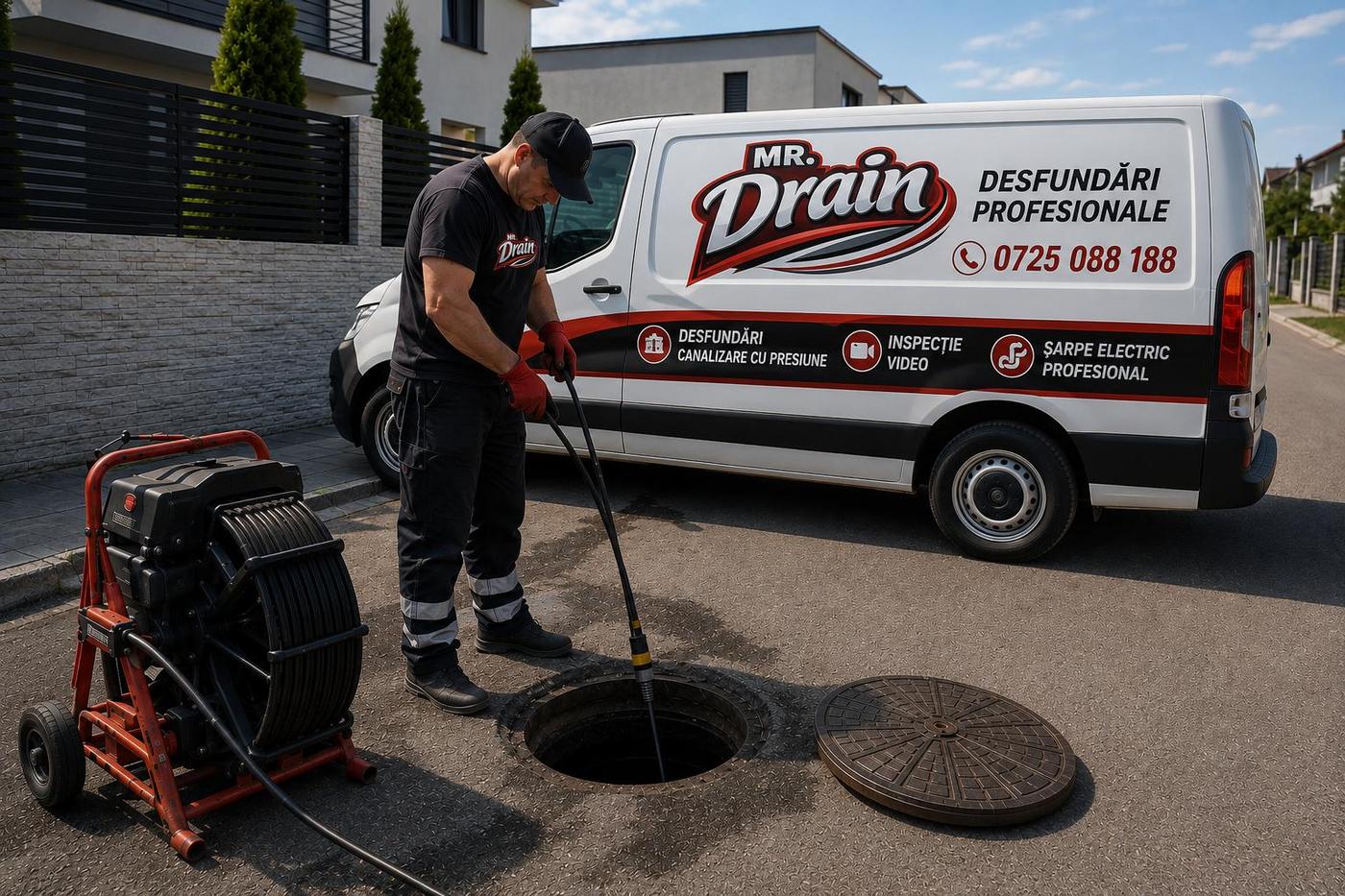 Echipa Mr. Drain la o intervenție de desfundare canalizare în Domnești