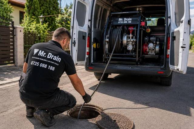 Autoutilitară Mr. Drain cu instalație de hidrojet profesional la o intervenție pe cămin - Mr. Drain București